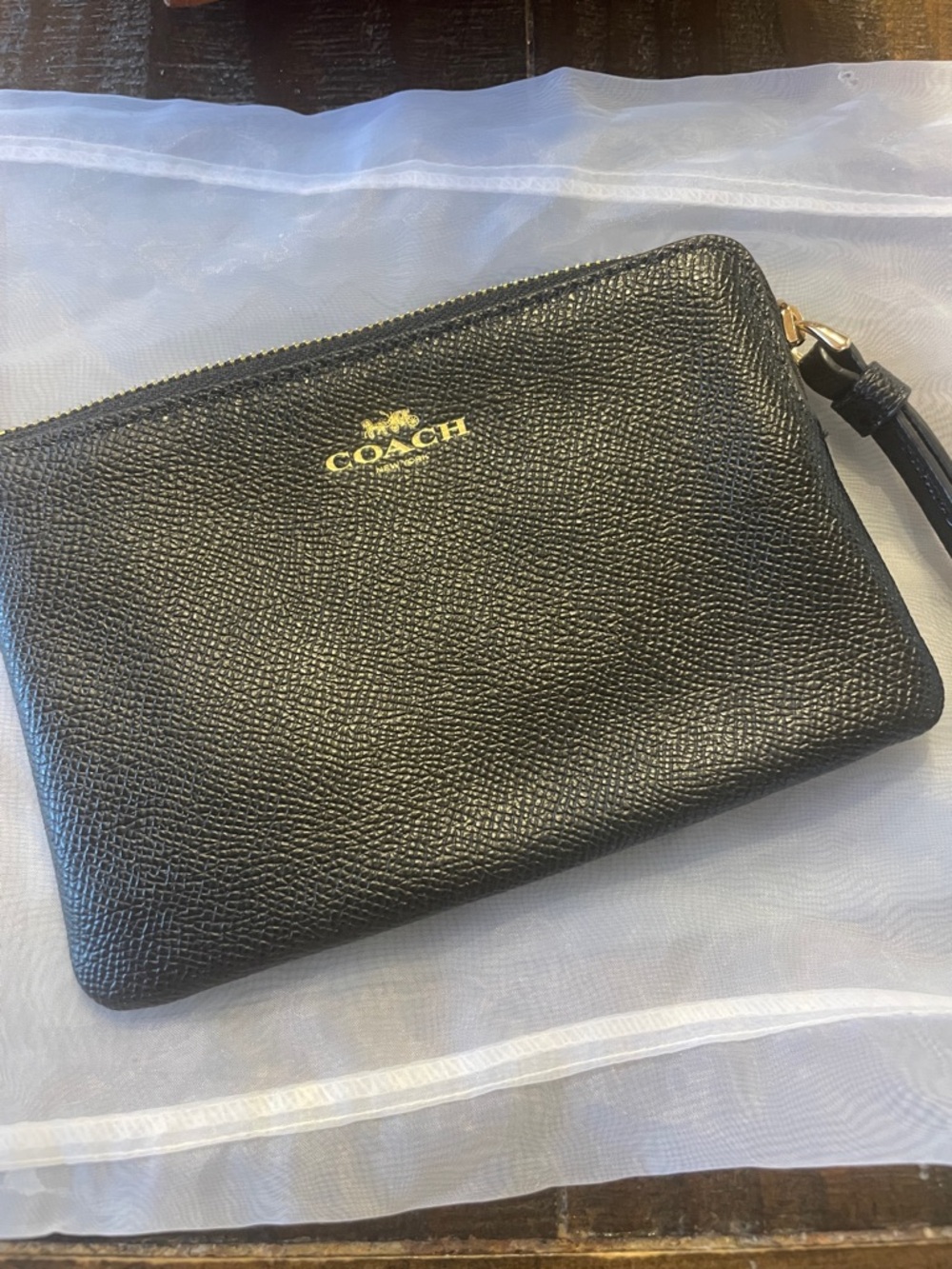 Coach Black Pebbled Leather Wristlet Pouch with Gold Logo